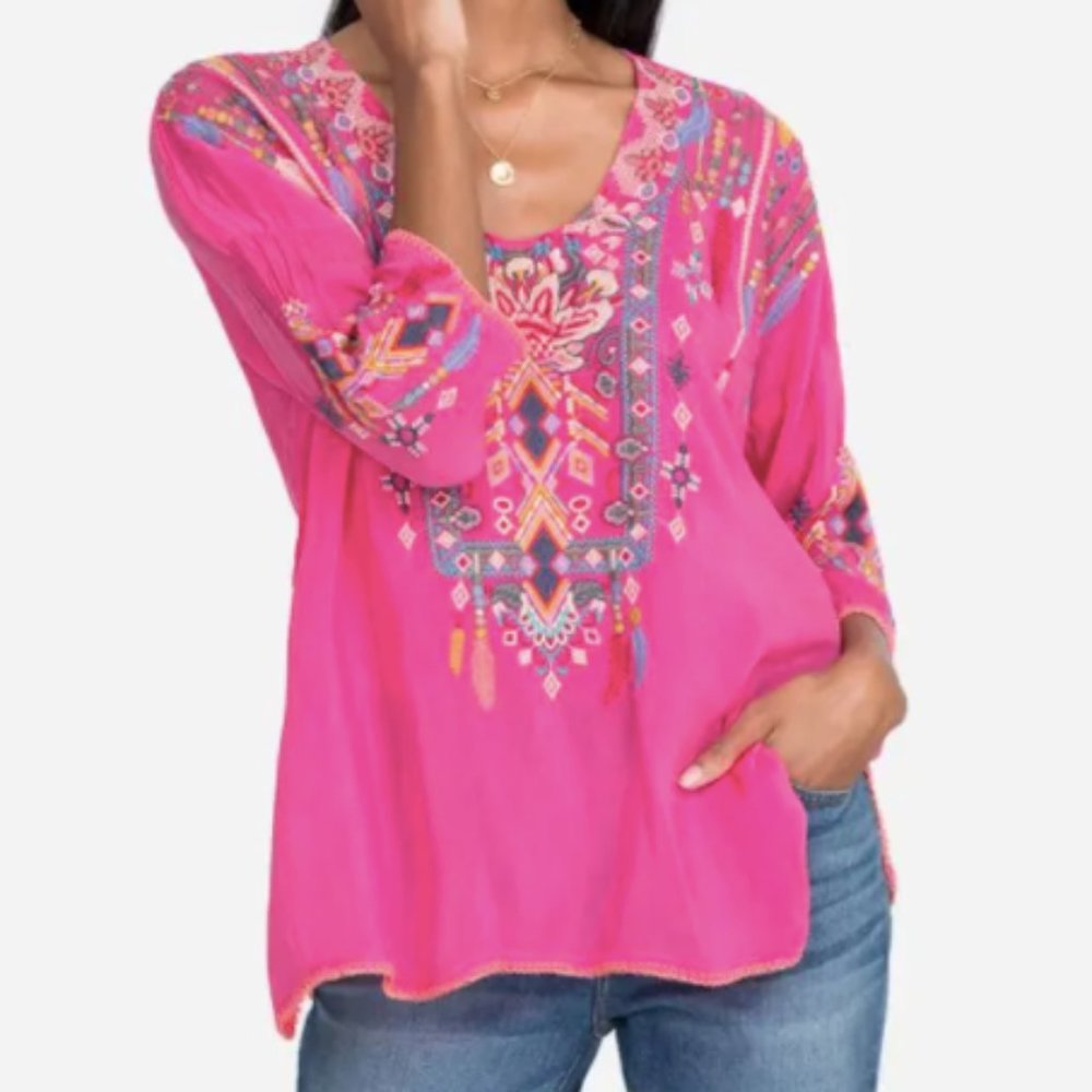 JOHNNY WAS SIZE XL/XXL EMBROIDERED RANGOON BLOUSE PARADISE PINK